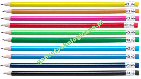 Ołówek drewniany, kolorowy korpus, naostrzony, gumka kolorowa